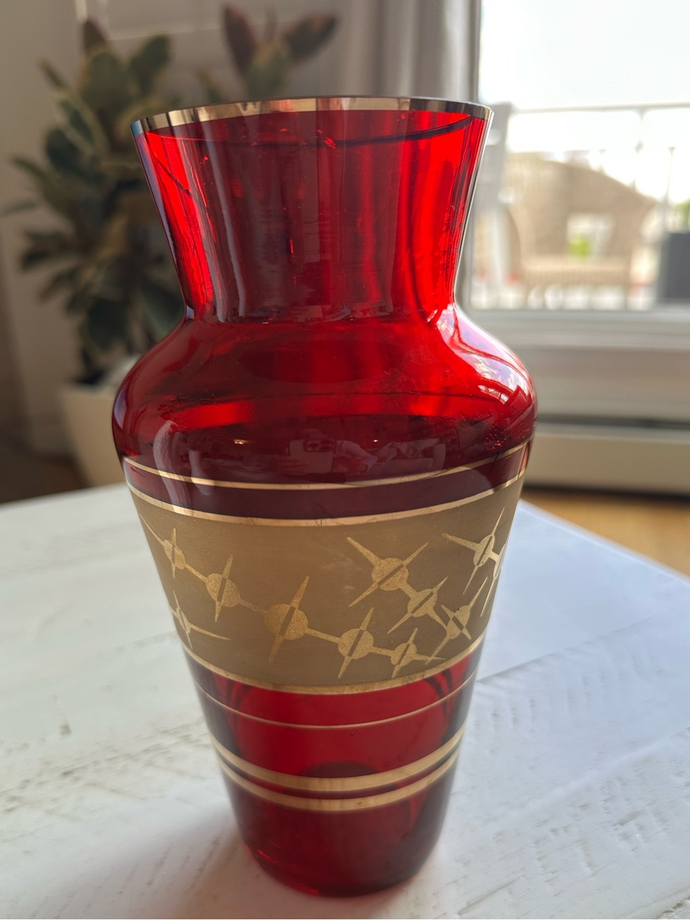 Vintage Bohemian Czech Ruby Red Glass Vase with Gold Accents